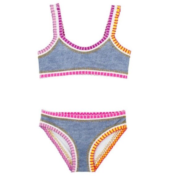 NWT PIlyq 4 Girls Denim Sporty Rainbow Embroidered Bikini 118583
